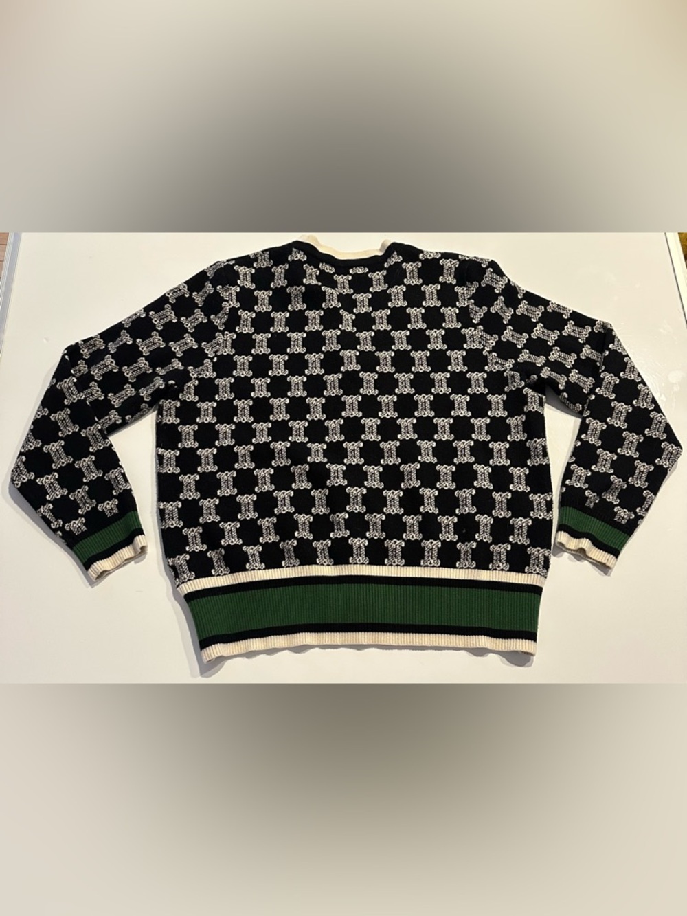 Black and White Patterned V-Neck Cardigan with Green Trim - Picture 8 of 8